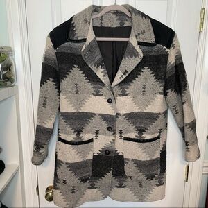 Vintage Wool & Suede Grey Aztec Printed Button Down Pea Coat Style Jacket M